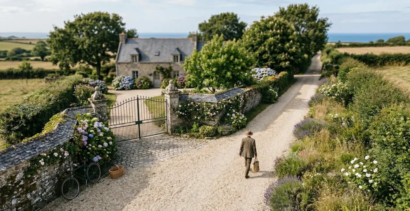 Vue plongeante sur une allée gravillonnée en pente douce menant à une entrée de propriété, végétation bretonne sur les côtés