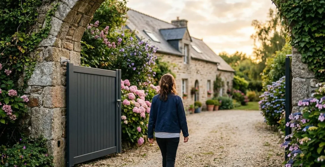 Entrée d'une propriété bretonne avec portail aluminium anthracite, maison en pierre apparente et hortensias en arrière-plan