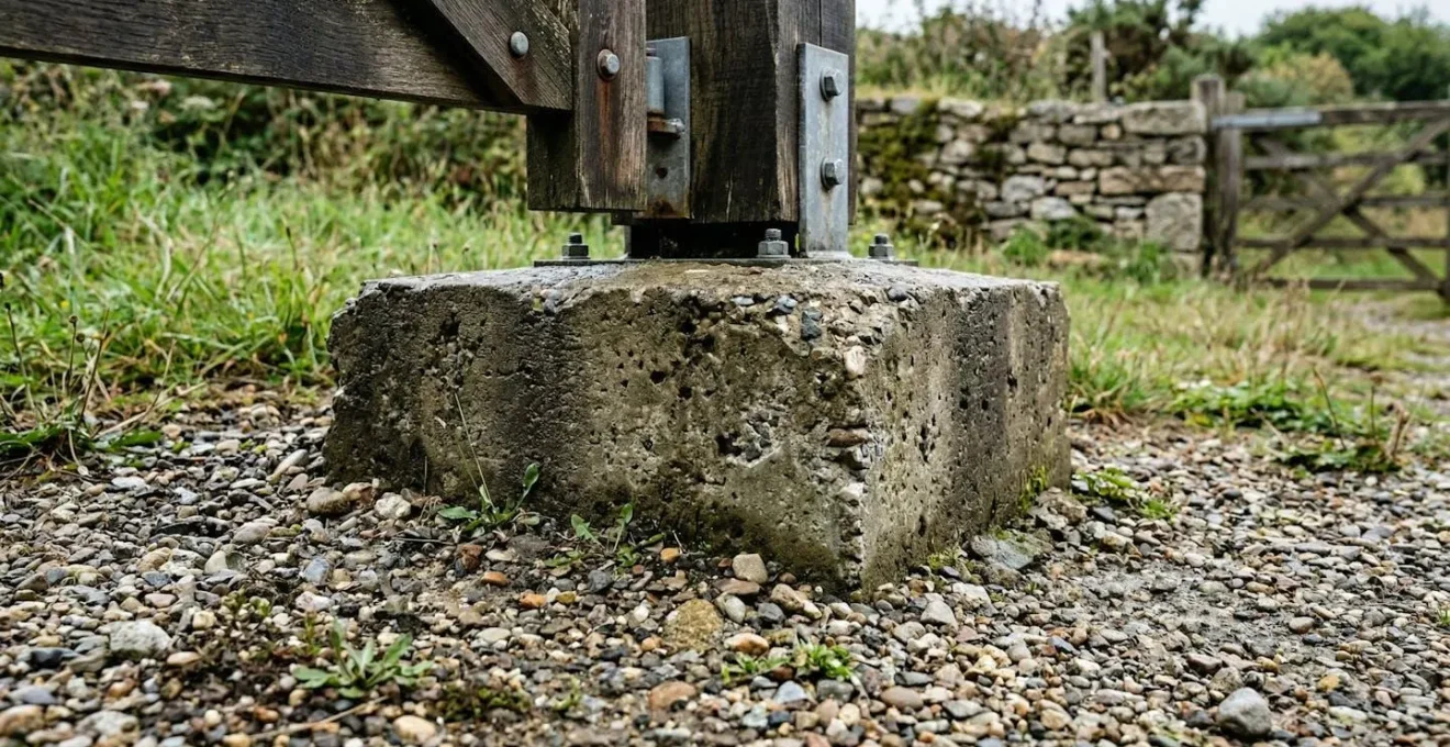Gros plan sur un massif béton de scellement pour poteau de portail, sol gravillonné visible autour, végétation bretonne en arrière-plan