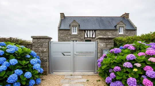 Portail aluminium moderne installé devant maison bretonne typique par temps couvert