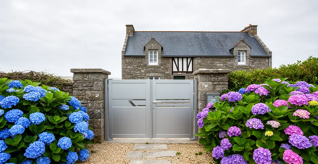 Portail aluminium moderne installé devant maison bretonne typique par temps couvert